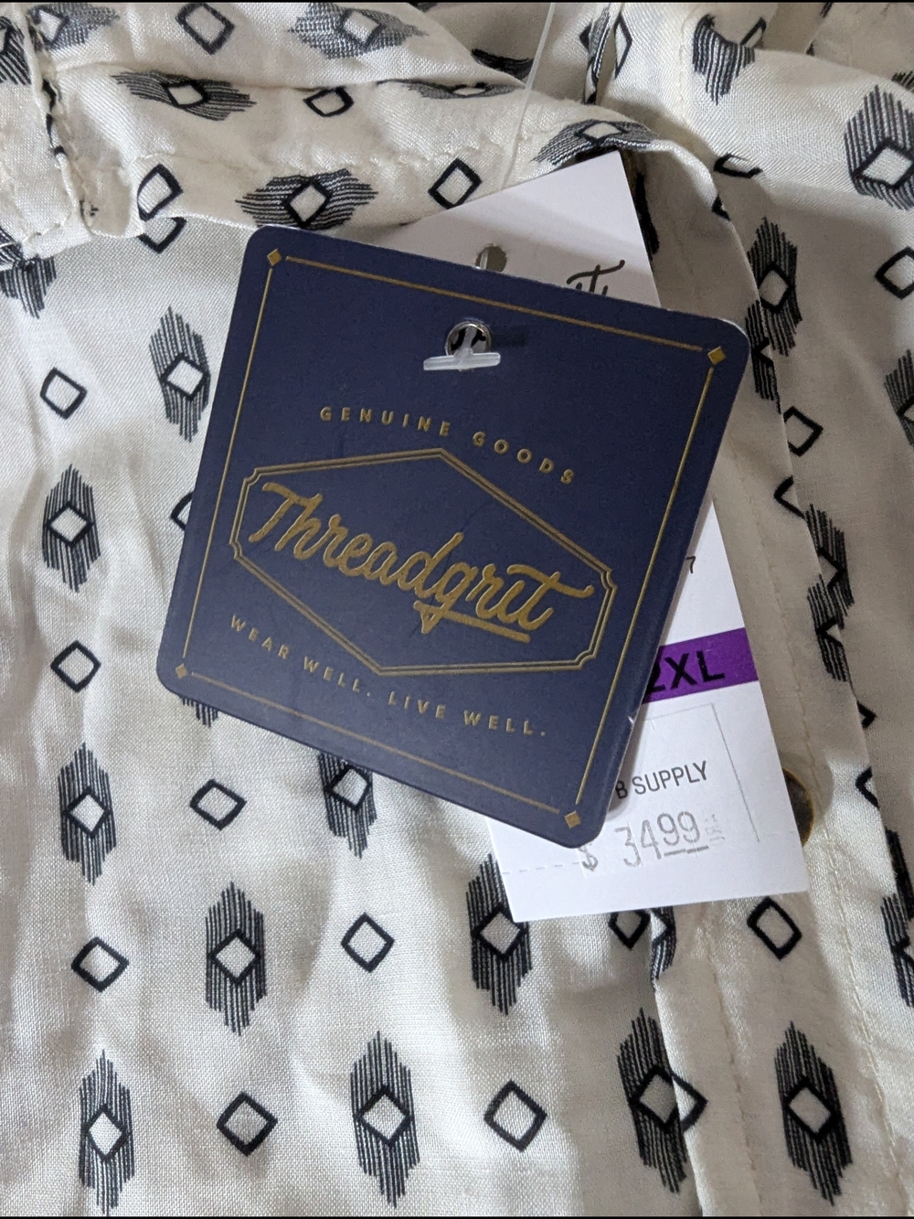 NWT Threadgrut 2XL White Geo Print Button Up Camp Shirt Pocket Casual - Picture 4 of 7